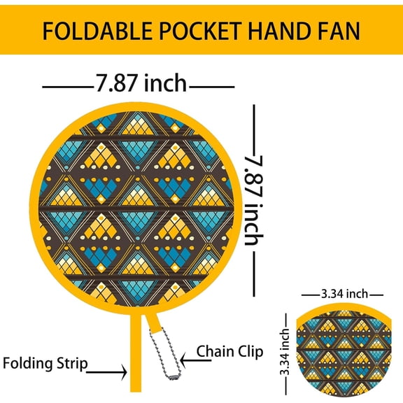 UYGDUY-4 Pack Ethnic African Print Folding Hand Fan Portable Circle Fabric Fan, Boho Ethno Pattern, Lightweight Cooling Fan for Travel, Festival, Beach, Summer Gift (Yellow)