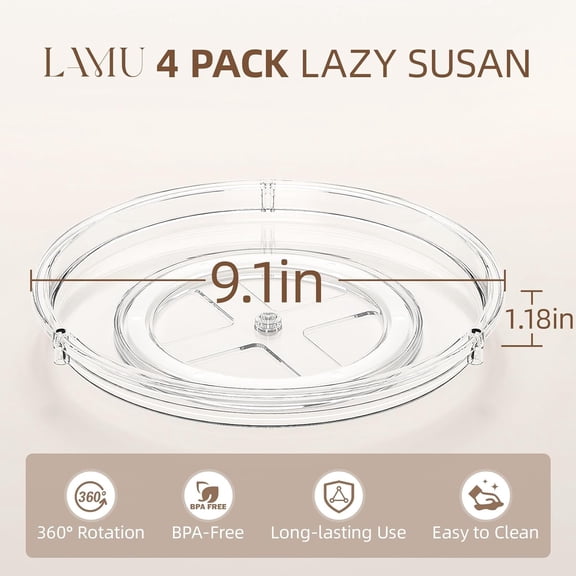 UYGDUY-4 Pack Lazy Susan Organizer, 9'' Clear Lazy Susan Turntable for Cabinet, Fridge, Kitchen, Pantry, Countertop, Table Top, Refrigerator Organizers and Storage, Seasoning and Spice Organizer