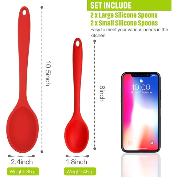 UYGDUY-4 Pack Silicone Spoons for Cooking Silicone Mixing Spoons Heat Resistant Rubber Basting Utensil for Kitchen Cooking Baking, Stirring Serving, Large and Small(Red, Black)