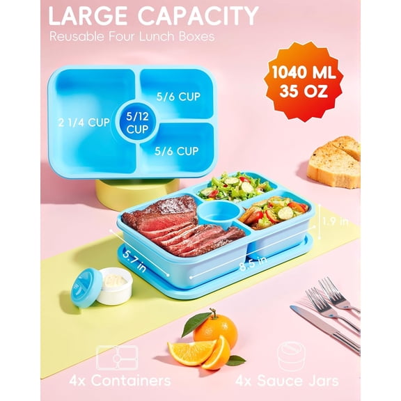 UYGDUY-4 Pcs Bento Snack Box Containers, 4 Compartment Divided Stackable Food Storage Containers with Lids, Meal Prep Lunch Container with Sauce Cups