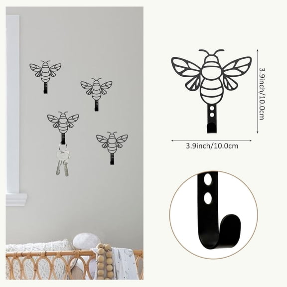 UYGDUY-4 Pcs Metal Bee Hooks Wall Door Hanger Towel Hooks Coat Hanger Decorative Holder for Home Bathroom Living Room (Black)