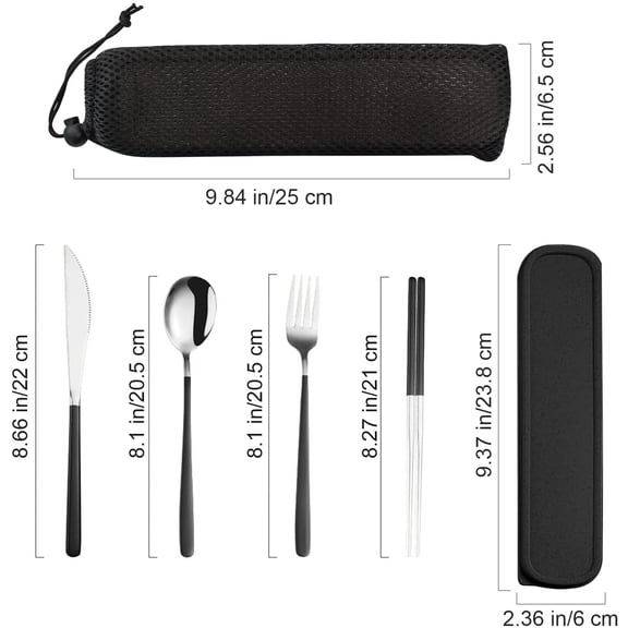 UYGDUY-4-Piece Portable Travel Utensils Set with Case 18/8 Stainless Steel Flatware Set Reusable Cutlery Set with Fork Spoon Knife Chopstick for Lunch Travel Camping School Work Picnic (Black)
