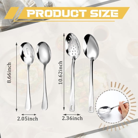 UYGDUY-4 Piece Stainless Steel Serving Spoons 8'' 10'' Serving Utensils Sets Includes Pointed/Rounded/Slotted Spoon for Chef Plating Basting Caviar Sauces Buffet Cooking Kitchen Dishwasher Friendly
