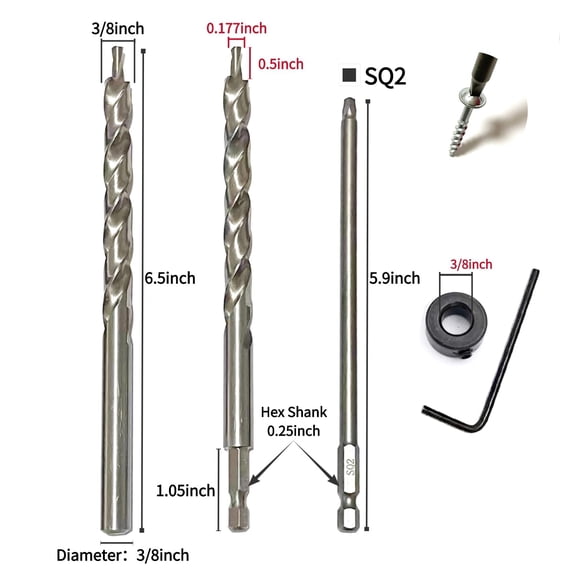 UYGDUY-4 Pieces 3/8"(9.5mm) Drill Bit with Depth Stop Collar and 2 Pieces SQ2 Screwdriver bit Set, 1/4 Hex and Round Shank Replacement,for Manual Pocket Hole Guide Jig Master System (6.5 Inch Length)