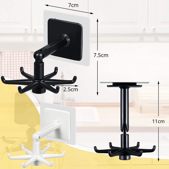 UYGDUY-4 Pieces 360 Rotating Folding Hook Multi-purpose Hanging Utensil Holder Hook 180 Degrees Vertical Flip Self-Adhesive Hook Utensil Rack with 6 Hooks for Kitchen Bathroom Cabinet Towel (Black, W