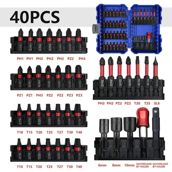 UYGDUY-40PCS impact screwdriver bit set Phillips, Slotted and Torx, S2 steelMagenetic Nut Driver Set for Impact Drills and Premium Deep Drivers,Retractable Bit Holder and 1/4'' Quick Chang