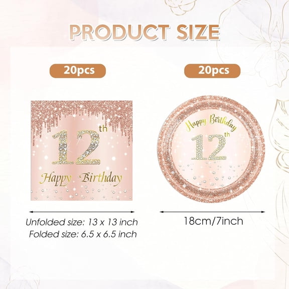 UYGDUY-40Pcs 12th Birthday Decorations for Girls Rose Gold 12th Birthday Party Plates and Napkins Happy 12 Years Party Theme Tableware Disposable 7'' Paper Plates, Napkins for Her,Girls Teen Party Su