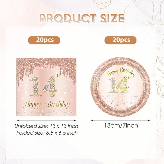 UYGDUY-40Pcs 14th Birthday Decorations for Girls Rose Gold 14th Birthday Party Plates and Napkins Happy 14 Years Party Theme Tableware,Disposable 7'' Paper Plates,Napkins for Her,Girls Teen Party Sup