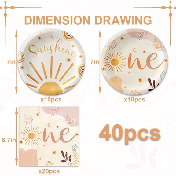 UYGDUY-40Pcs First Trip Around the Sun 1st Birthday Decorations Bohemian Hippie Sunshine Theme Party Tableware Sun Theme First Birthday Party Supplies