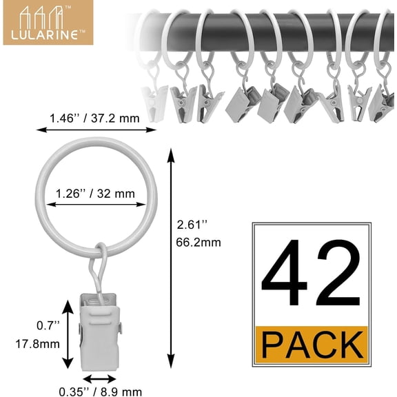 UYGDUY-42 Pack Curtain Rings with Clips 1.26" Interior Diameter,Metal Drapery Ring with Clips Compatible with up to 1 inch Drapery Rod,Strong Vintage Decorative Rustproof Drapery Ring with Hooks(Whit