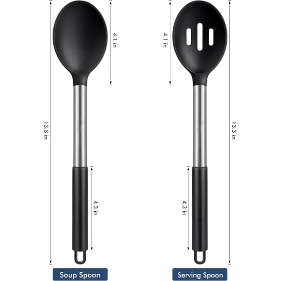 UYGDUY-446F Heat Resistant Large Silicone Cooking Spoon, BPA Free Solid Slotted Spoons, Nonstick Kitchen Cookware Utensils, Mixing, Serving, Stiring Large Spoons, Black