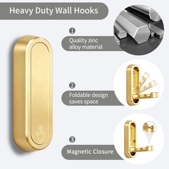 UYGDUY-4PCS Foldable Wall Hooks, Heavy Duty Zinc Alloy Retractable Wall Hook, Space Saving Flip Down Hooks for Hanging Coats, Towels, Backpacks, Hats in Bedroom, Bathroom, Entryway (Gold)