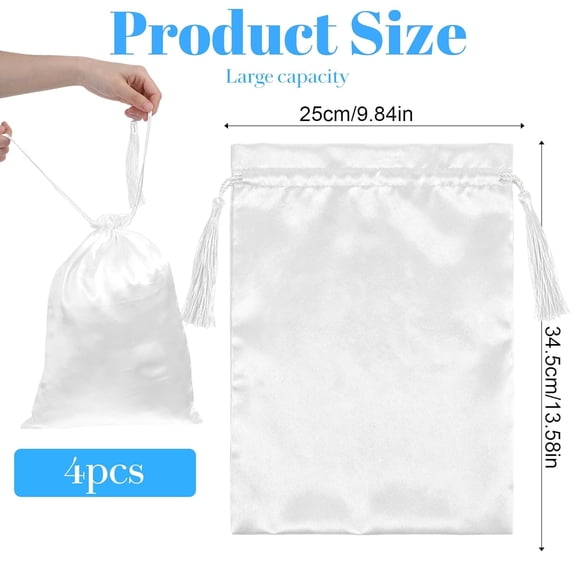 UYGDUY-4Pcs Wig Storage Bags,Satin Wig Bag with Drawstring Tassel Silk Hair Bag Wigs Storage for Multiple Wigs,Bundles,Hair Extensions (White)