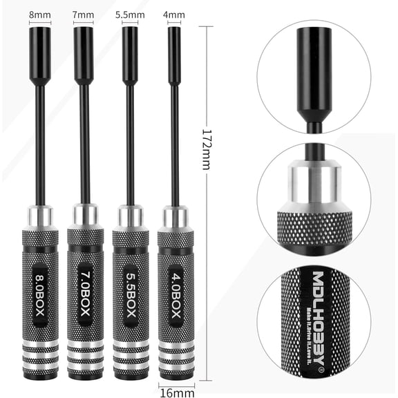 UYGDUY-4pcs Premium RC Hex Nut Drivers Set - Durable Steel Hex Nut Socket Screwdrivers for Quick, Precise RC Repair Tool Kit with Replaceable Tips 4.0/5.5/7.0/8.0mm for RC Hobby Car Truck Airplane