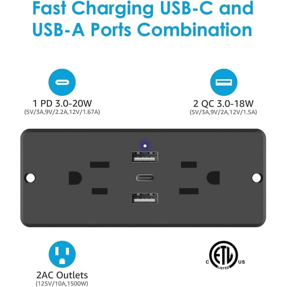 UYGDUY-5 in 1 Recessed Power Strip Flat Plug, 20W Fast Charging Furniture Outlet with USB, Conference Recessed Socket with 2 AC Plugs, 2 USB Ports 1 USB-C, 6ft Power Cord. (Black)