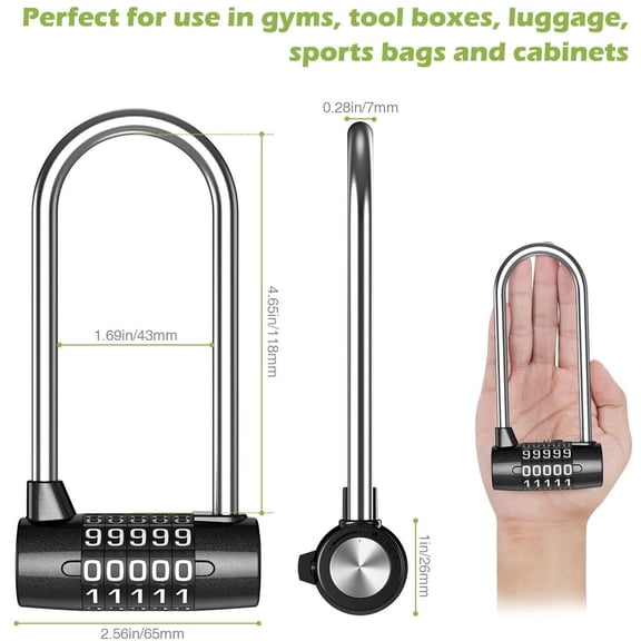 UYGDUY-5 Digit Combination Padlock, 4.65 Inch Long Shackle Resettable Padlock, Lengthened Gym Lock Waterproof for School, Employee, Gym & Sports Locker, Gate, Case, Toolbox, Fence - Black