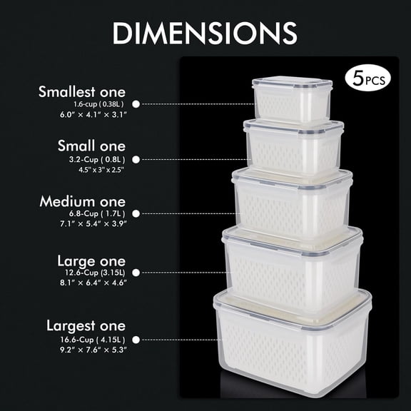 UYGDUY-5-Pack Large Fruit Storage Container for Fridge Leak proof with Removable Colander, BPA Free Dishwasher & microwave safe Largest 4.15L