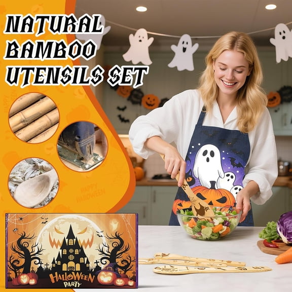 UYGDUY-5 Pcs Halloween Kitchen Utensils Wooden Spoons Set-with ApronsKitchen Cooking Utensils Set,Suitable for Home Halloween Kitchen Decor or Home Baking Championship-Gift-Ready