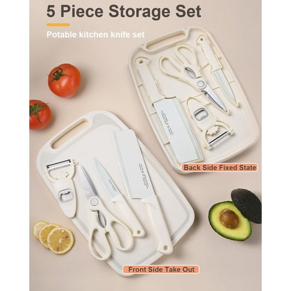 UYGDUY-5 in 1 Mini Knife and Cutting Board Set, Small Camping Cutting Board Cutting Board Scissors, Dorm Kitchen Essentials Travel Knife Set (Green)