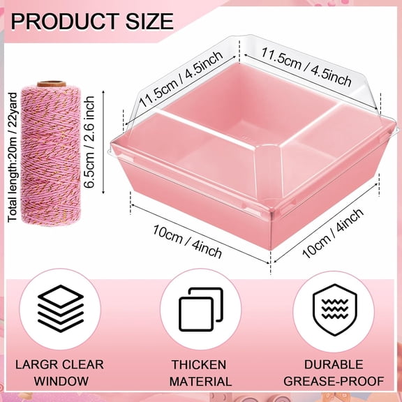 UYGDUY-50 Pack Charcuterie Boxes with Clear Lids and Rope 4 Inches Cake Disposable Square Dessert Food Box Containers with Lids for Bakery Macaron Cookies Strawberries Fruits Display (Pink)