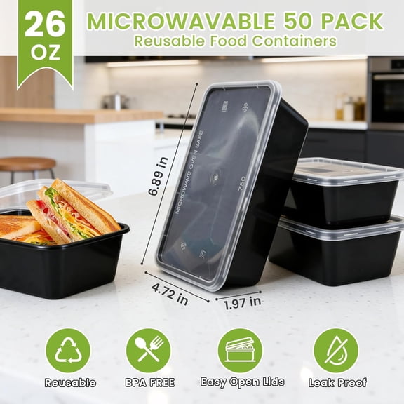 UYGDUY-50-Pack Meal Prep Containers, 26 OZ Microwavable Reusable Food Containers with Lids for Food Prepping, Disposable Lunch Boxes, Plastic Food Boxes- Stackable, Freezer Dishwasher Healthy