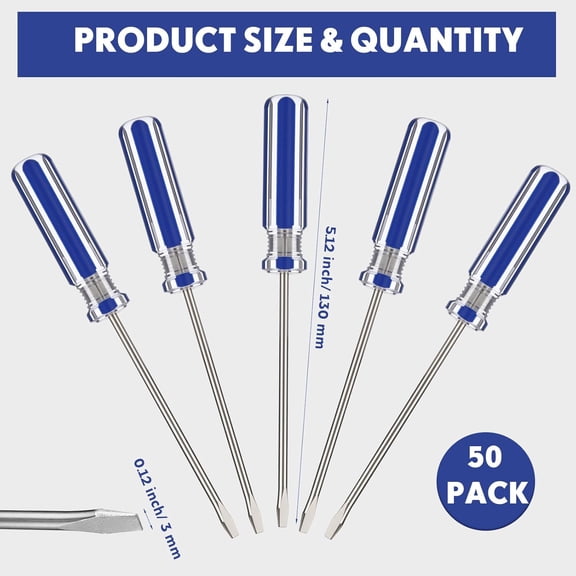 UYGDUY-50 Pack Mini Slotted Screwdriver 3.0mm Flat Head 5.12" (130 mm) Length Precision Flat Head Screw Driver with Non-slip Handle for Small Appliances Repair (Blue)