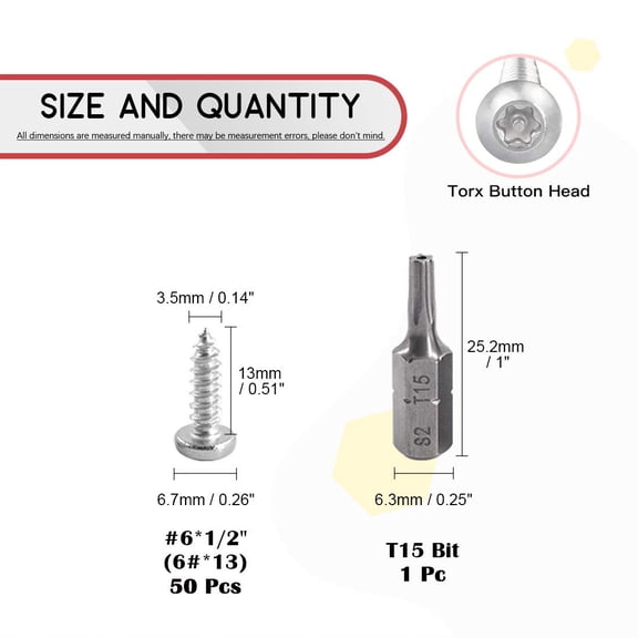 UYGDUY-50 Pcs #6 x 1/2 Stainless Steel Button Head Torx Sheet Metal Screws Security Silver Screws Anti-Theft Tamper Proof with Bit T15