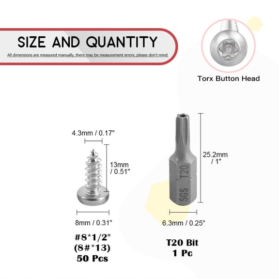UYGDUY-50 Pcs #8 x 1/2 Stainless Steel Button Head Torx Sheet Metal Screws Security Silver Screws Anti-Theft Tamper Proof with Bit T20