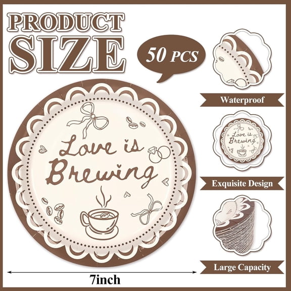 UYGDUY-50 Pcs Love is Brewing Paper Plates Disposable Round Plates 7 Inch Decorative Brown Coffee Tableware Dessert Plate for Wedding Bride Shower Birthday Party Tableware Supplies