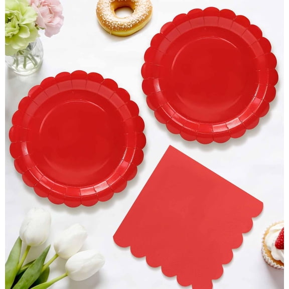 UYGDUY-50 Pcs Red Paper Plates and Napkins Party Supplies Include 7'' Red Scalloped Plates and 6.5'' Paper Napkins Disposable Tableware Set for Dinner Wedding Birthday Party (Serves 25)