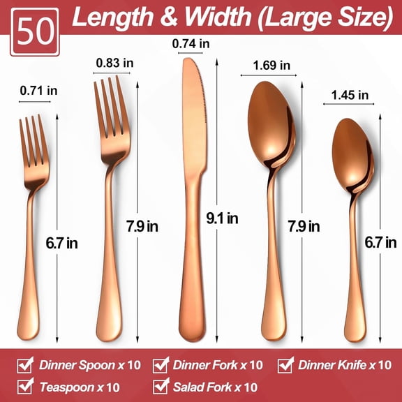 UYGDUY-50 Pcs Rose Gold Silverware Set for 10, Food Grade Stainless Steel Flatware Set, Eating Utensils Sets Include Fork/Knife/Spoon, Reusable Cutlery Set for Home Kitchen, Dishwasher Safe, Round Ed
