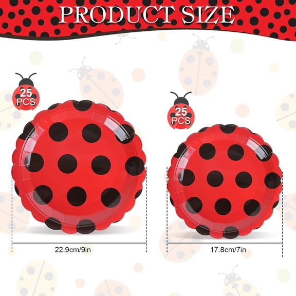 UYGDUY-50 Pcs Scalloped Ladybug Plates 7 & 9 Inch Party Paper Plates, Ladybug Theme Party Decorations Disposable Cute Red Black Dot Tableware Set for Dinner Dessert Picnic Birthday Wedding