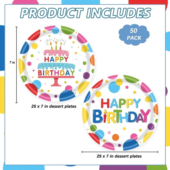 UYGDUY-50PCS Happy Birthday Paper Plates Party Supplies 7 inch Disposable Cake Dessert Plates Tableware Set for Boys Girls Birthday Gathering Picnic Party Decorations