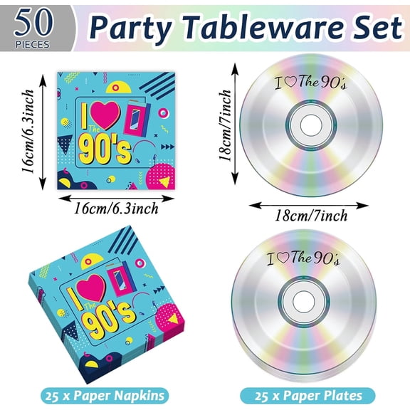 UYGDUY-50Pcs 90's Party Paper Plates and Napkins 90's Mix CD Dessert Plates Retro 90s Theme Party Decorations I Love the 90s Tableware Set Serves 25 Guest 1990's Back to the 90 s Birthday Party Suppl