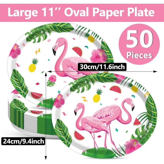 UYGDUY-50Pcs Flamingo Oval Paper Plates Large 11 Disposable Flamingo Party Decorations Hawaiian Luau Platters Supplies Favor for Summer Pool Tropical Aloha Birthday Party Tableware Set