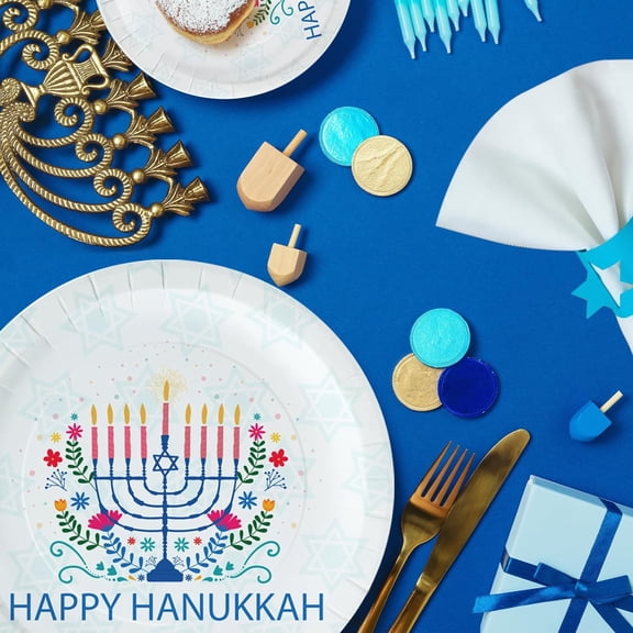 UYGDUY-50Pcs Hanukkah Paper Plates Sets - HAPPY HANUKKAH Lettering and Candle Design Disposable Party Plates Decorative Tableware Supplies Table Decor - 7 Inch & 9 Inch