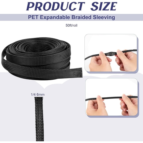UYGDUY-50ft 1/4 Braided Wire Loom PET Cable Loom Expandable Braided Cable Sleeving Mesh Automotive Split Wire Loom for TV, Computer, Home Theater, Black