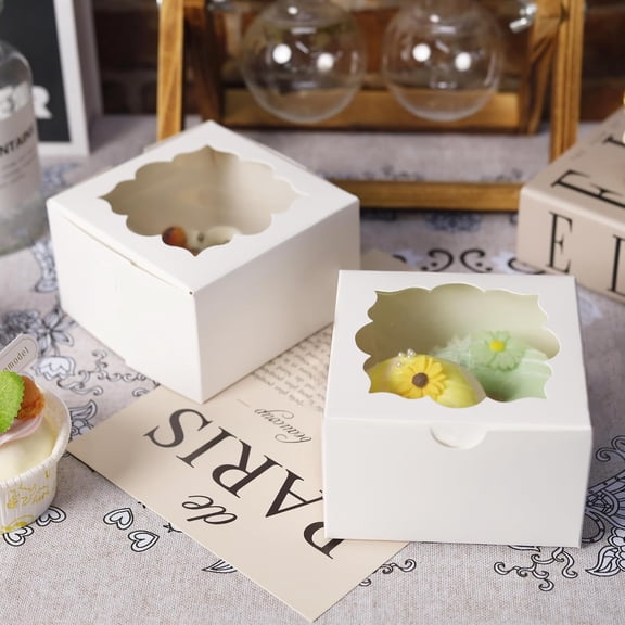 UYGDUY-50pcs Cookie Boxes with Window Bakery Boxes Small Treat Boxes Small Cake boxes Mini Pie Boxes Pastry Boxes Candy Sweets Boxes 4x4x2.5in(White)