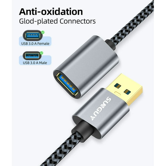 UYGDUY-5Gbps USB 3.0 Extension Cable, [2P 1FT] USB A Male to Female Extender Cord, Braided High Data Transfer Compatible with Xbox, Hard Drive, Webcam, USB Keyboard, Mouse, Flash Drive, Oculus VR