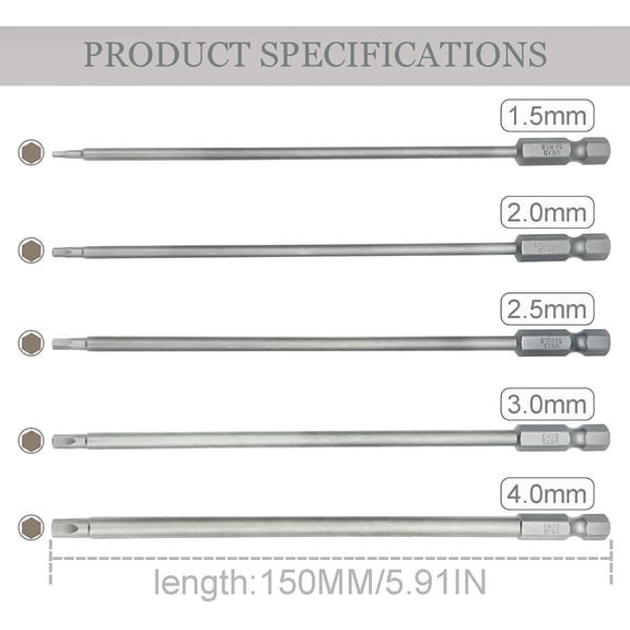 UYGDUY-5Packs RC Hex Bit 6 Inch Power Bits 1.5mm 2.0mm 2.5mm 3.0mm 4mm Allen Wrench Drill Bit Set Professional Grade Inch Hex Shank for Screwdrivers Electric Screwgun/Power Drill