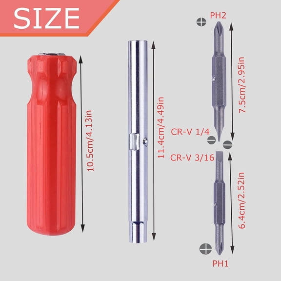 UYGDUY-6-In-1 Flat Head & Phillips Reversible Screwdriver #1 And #2 Phillips, 3/16 And 5/16 Slotteds,1/4" & 5/16" Nut Driver Bit Tube Snap-on 6 In 1 Multifunctional Screwdriver