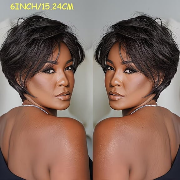 UYGDUY-6-Inch Brazilian Remy Human Hair Short Bob Pixie Cut Wig with Bangs - 150% Density, No Lace Front, Glueless Design for Daily Wear & Beginners, Natural Black Shade for All Skin Tones