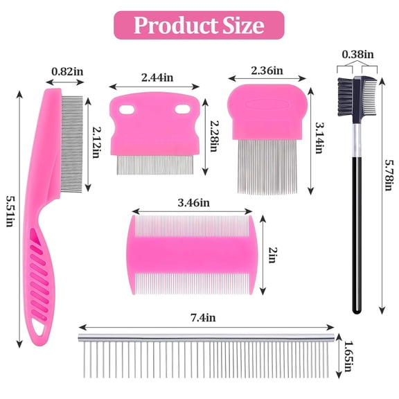 UYGDUY-6 Pack Pet Grooming Combs, Stainless Steel Dog and Cat Grooming Combs with Rounded Teeth, Double-Sided Professional Pet Tear Stain Remover for Small, Medium, and Large Pets (Pink)