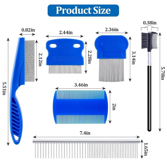 UYGDUY-6 Pack Pet Grooming Combs, Stainless Steel Dog and Cat Grooming Combs with Rounded Teeth, Double-Sided Professional Pet Tear Stain Remover for Small, Medium, and Large Pets (Blue)