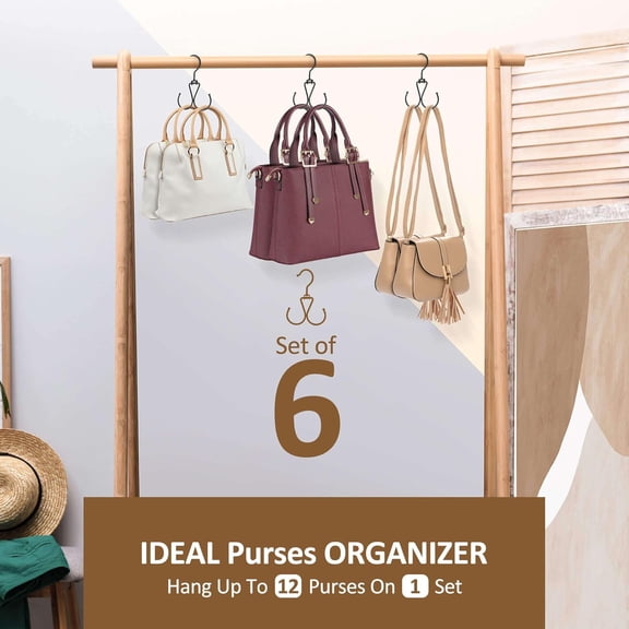 UYGDUY-6 Pack Purse Hanger Bag Organizer for Closet, Heavy Duty Rotatable Purse Holder with 12 Storage Capacity, Bag Storage Rack for Purses Bags Backpacks, Black