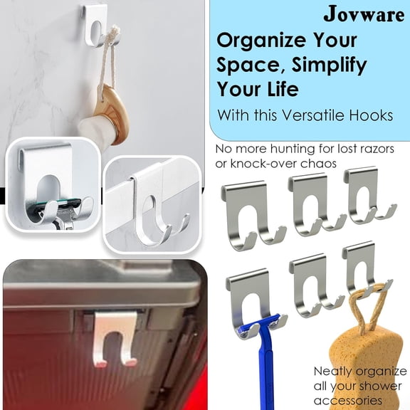 UYGDUY-6 Pack Shower Razor Hook & Truck Storage Hooks, Heavy-Duty Rust-Resistant Metal Hangers for Shower Caddy, Bathroom & Vehicle Organizer (6, Silver)