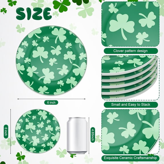 UYGDUY-6 Pcs 6 Inch St. Patrick's Day Ceramic Decorative Plate Irish Shamrock Tableware Plate Leaf Clover Display Dish for St. Patrick's Celebration, Dinner Party, Wedding(Dark Green)