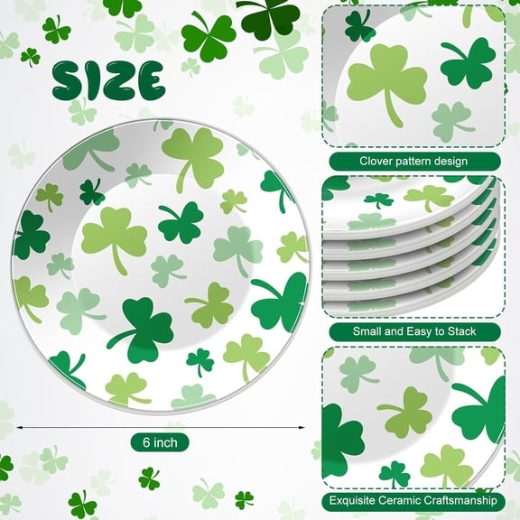 UYGDUY-6 Pcs 6 Inch St. Patrick's Day Ceramic Decorative Plate Irish Shamrock Tableware Plate Leaf Clover Display Dish for St. Patrick's Celebration, Dinner Party, Wedding(White)