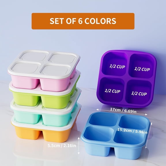 UYGDUY-6 Pcs Bento Snack Containers, Reusable 4 Compartment Food Storage Container with Lids, Divided Lunchable Container, Freezer, Microwave & Dishwasher Safe (6 Color)