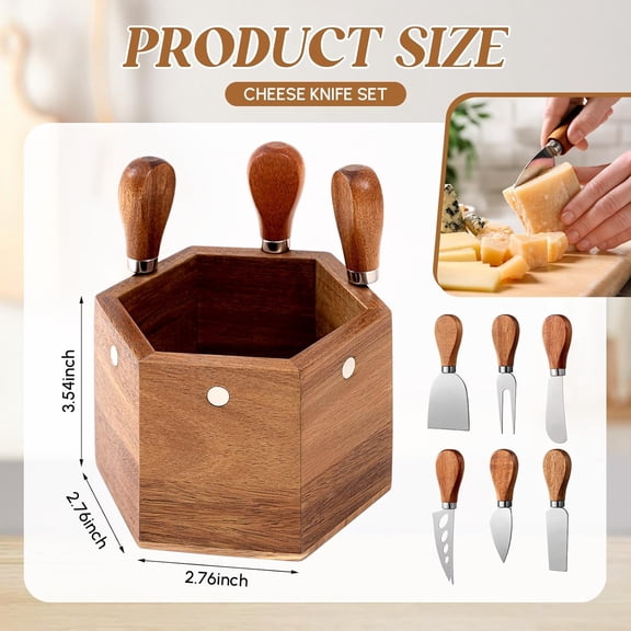 UYGDUY-6 Pcs Cheese Knives with Holder Charcuterie Serving Knife Set with Magnetic Wooden Box Mini Steel Stainless Cheese Knife Spreader Slicer Fork Set for Charcuterie Board